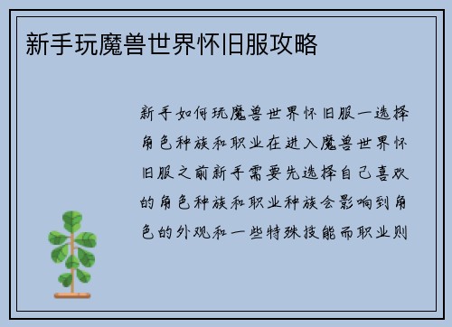新手玩魔兽世界怀旧服攻略