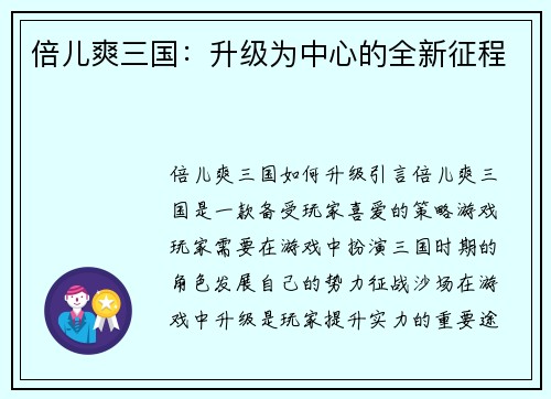 倍儿爽三国：升级为中心的全新征程