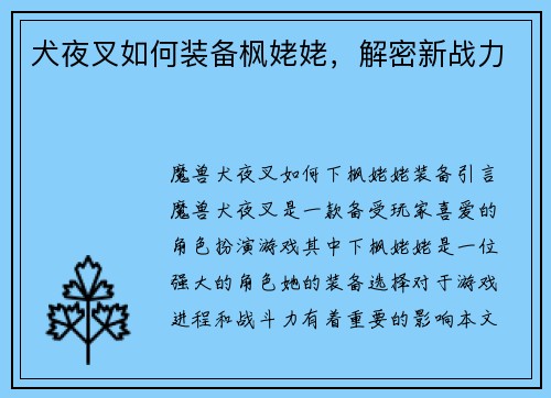 犬夜叉如何装备枫姥姥，解密新战力